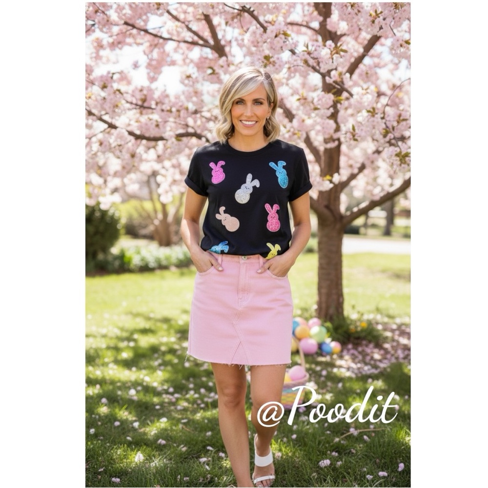 Sequin bunny black soft loose fit Easter holiday tee L XL 2XL